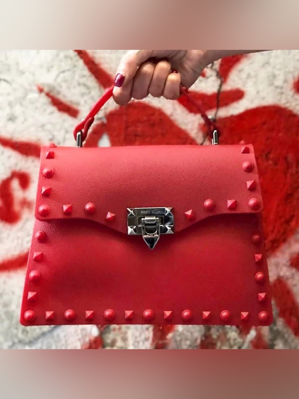 Red Stud-Embellished Mini Top-Handle Bag